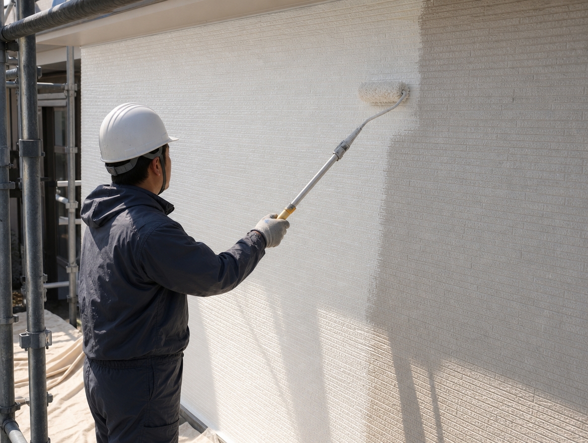 住宅の外壁にローラーで塗料を塗る職人の手元