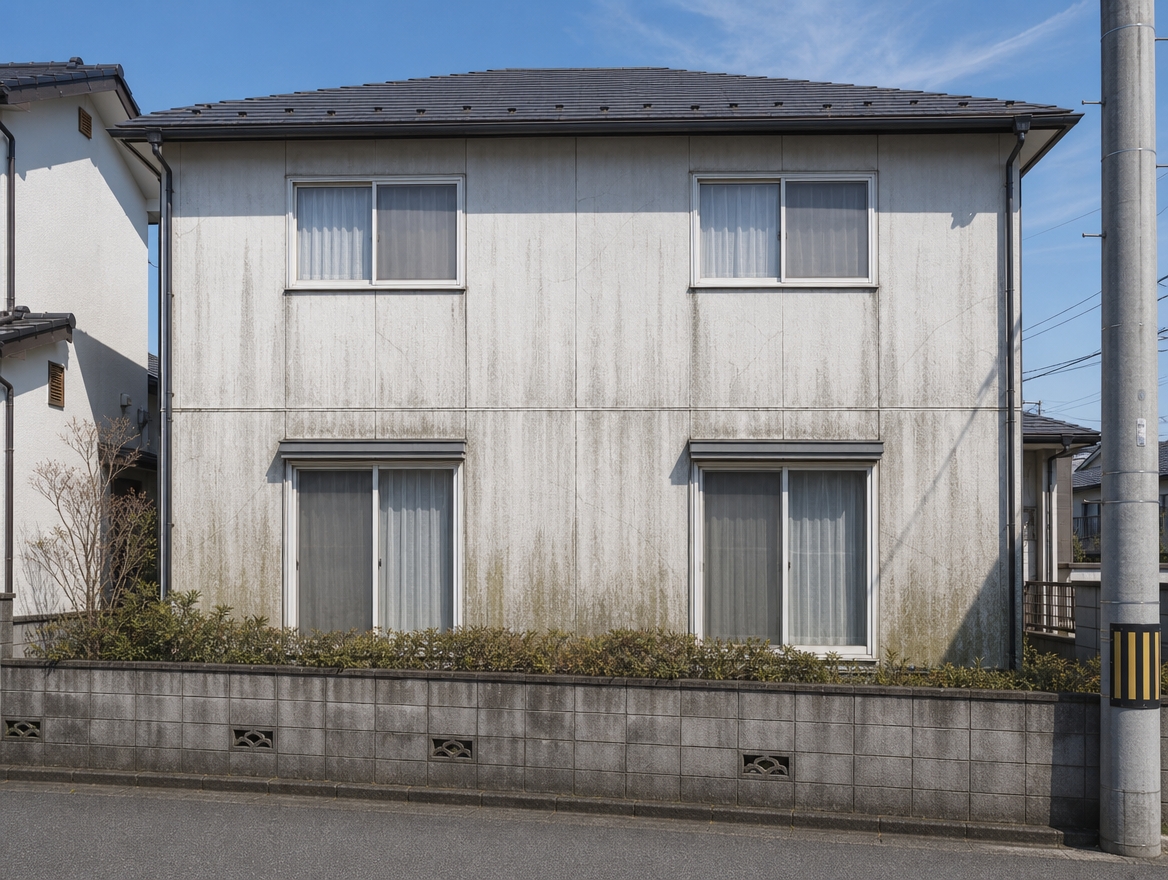 色あせと雨だれの汚れ、コケが出ている施工前の住宅の外壁