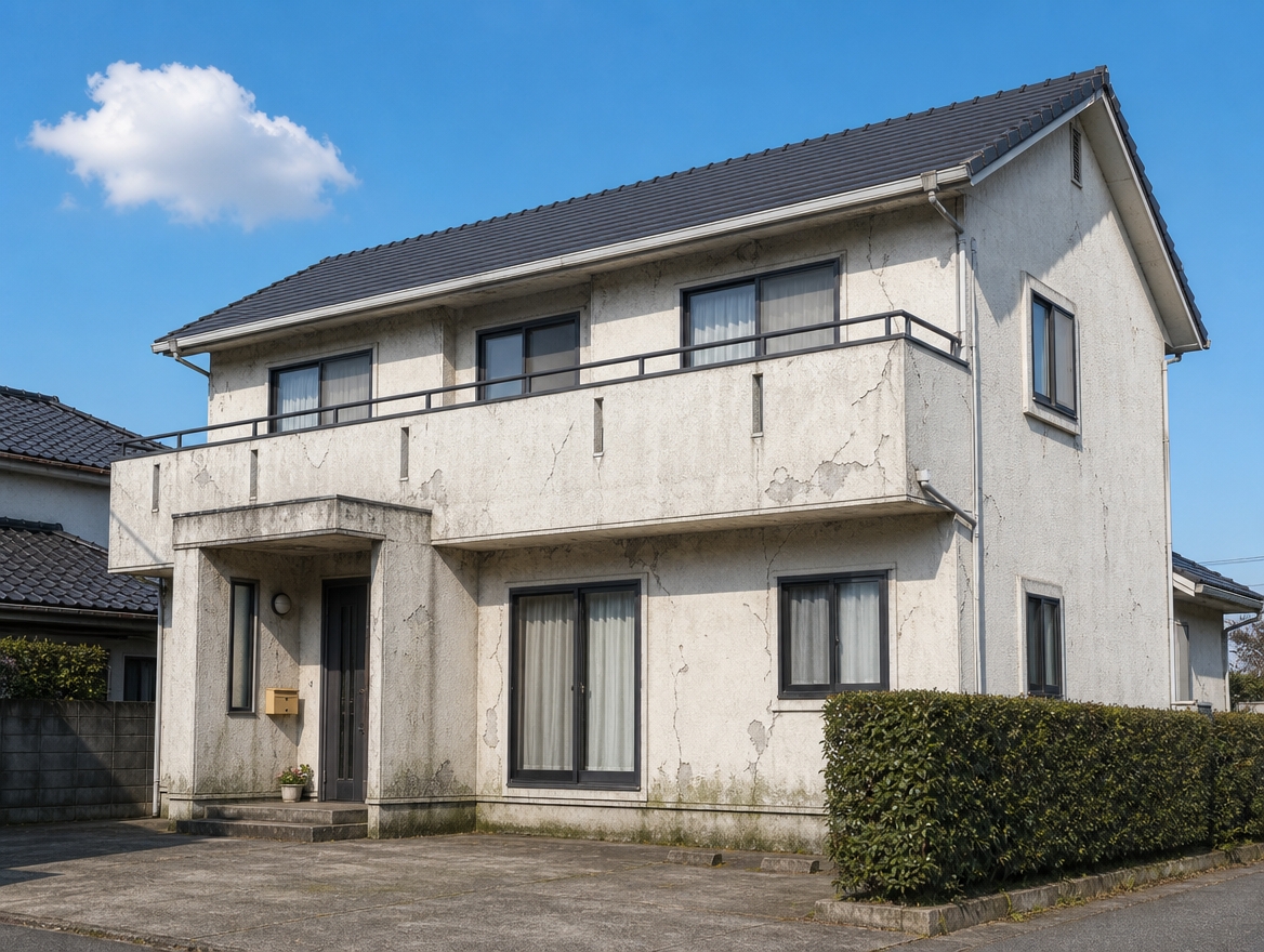 ひび割れと塗膜の浮きが出ている施工前のモルタル外壁の住宅